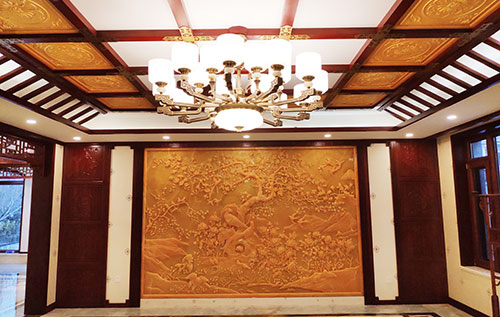 南明中式别墅客厅中式木作横梁吊顶装饰展示
